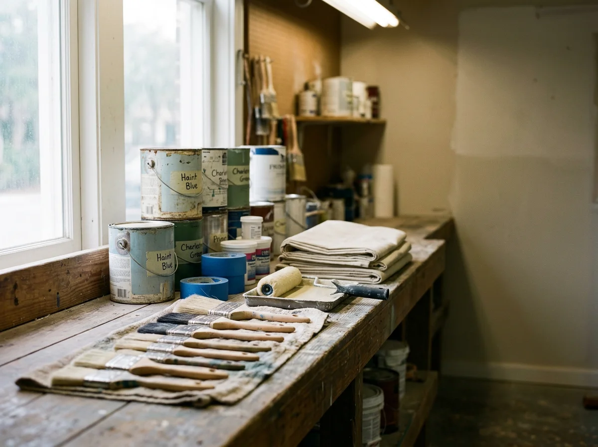 Construction tools and materials organized on a work surface, representing the trades and preparation that go into each project.