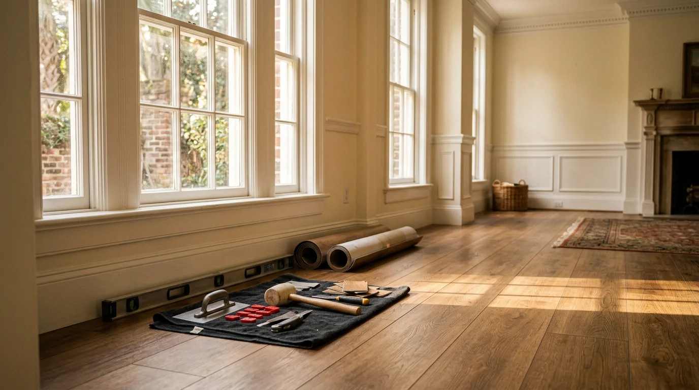 Hardwood and tile flooring installation in a residential home in Charleston, SC