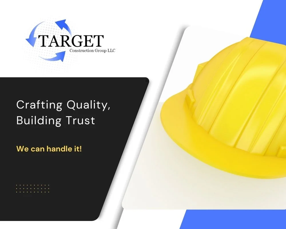 Target Construction Group LLC logo and branding with yellow hard hat and blue geometric design elements