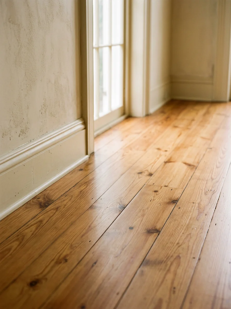 Close-up of newly installed hardwood flooring inside a renovated Charleston home with original plaster walls and tall baseboards.