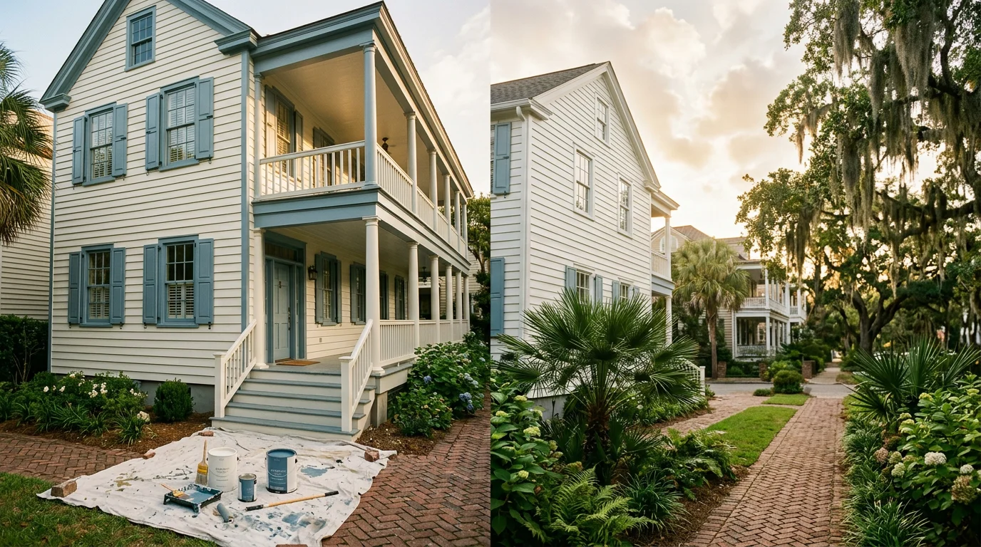 Exterior of a historic Charleston single-style home on the peninsula with freshly painted wood siding and trim in a coastal color palette.
