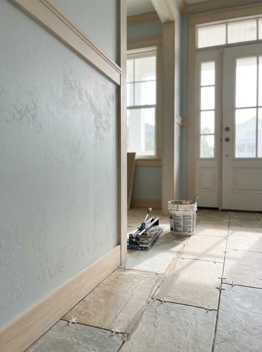 Tile flooring installation in progress inside an Isle of Palms beach house entryway, showing large-format tiles being set near the front door.