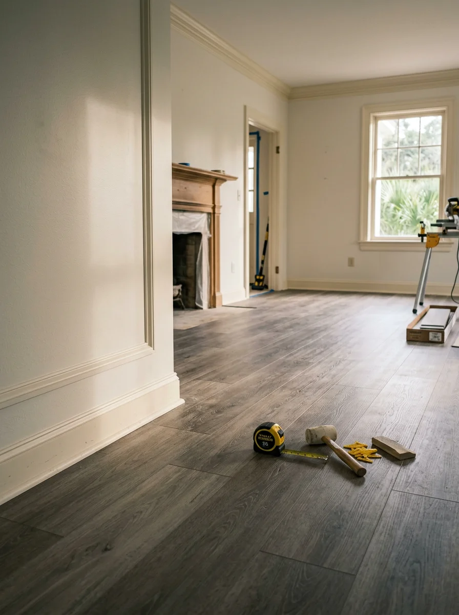LVP flooring installation in progress inside a James Island home, showing planks being laid in a living room with original wood trim along the walls.