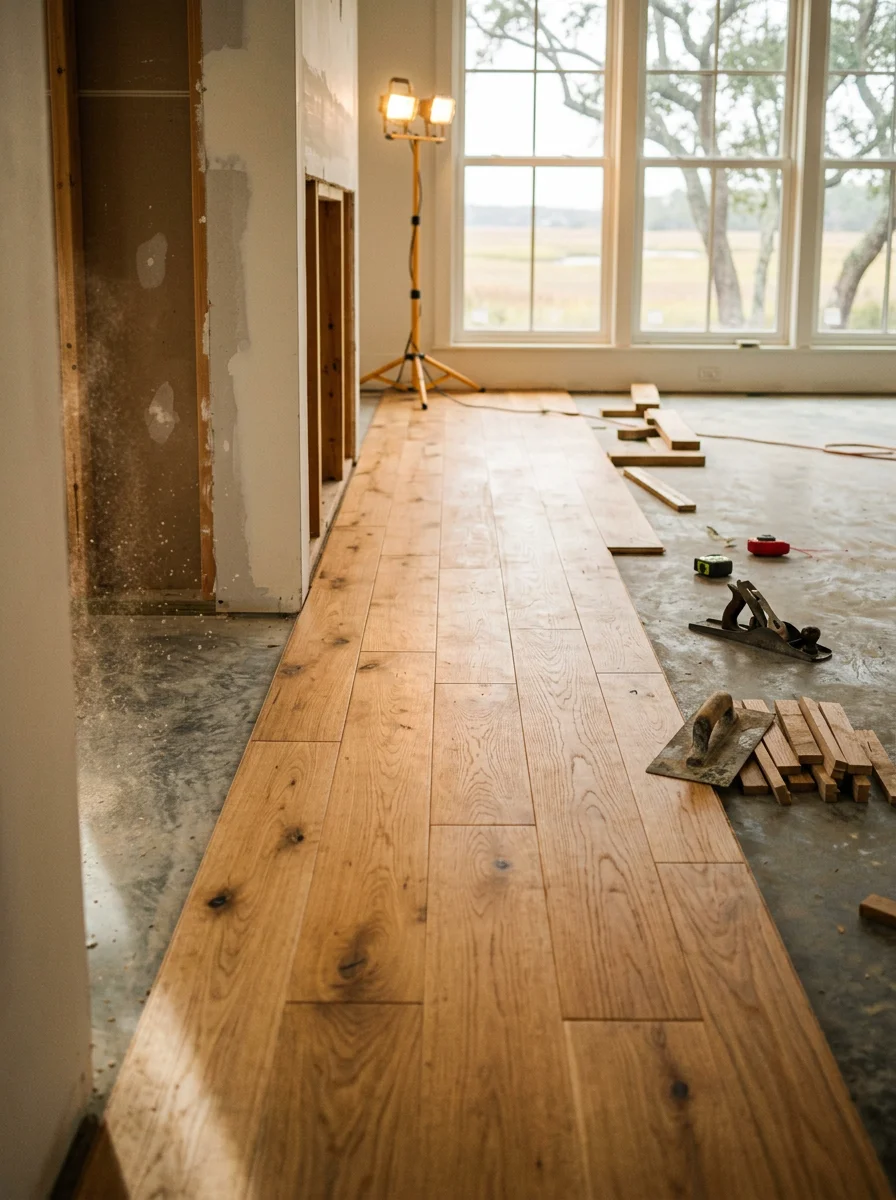 Hardwood flooring being installed in a new construction home on Johns Island, showing unfinished planks laid across a large open-plan living area.