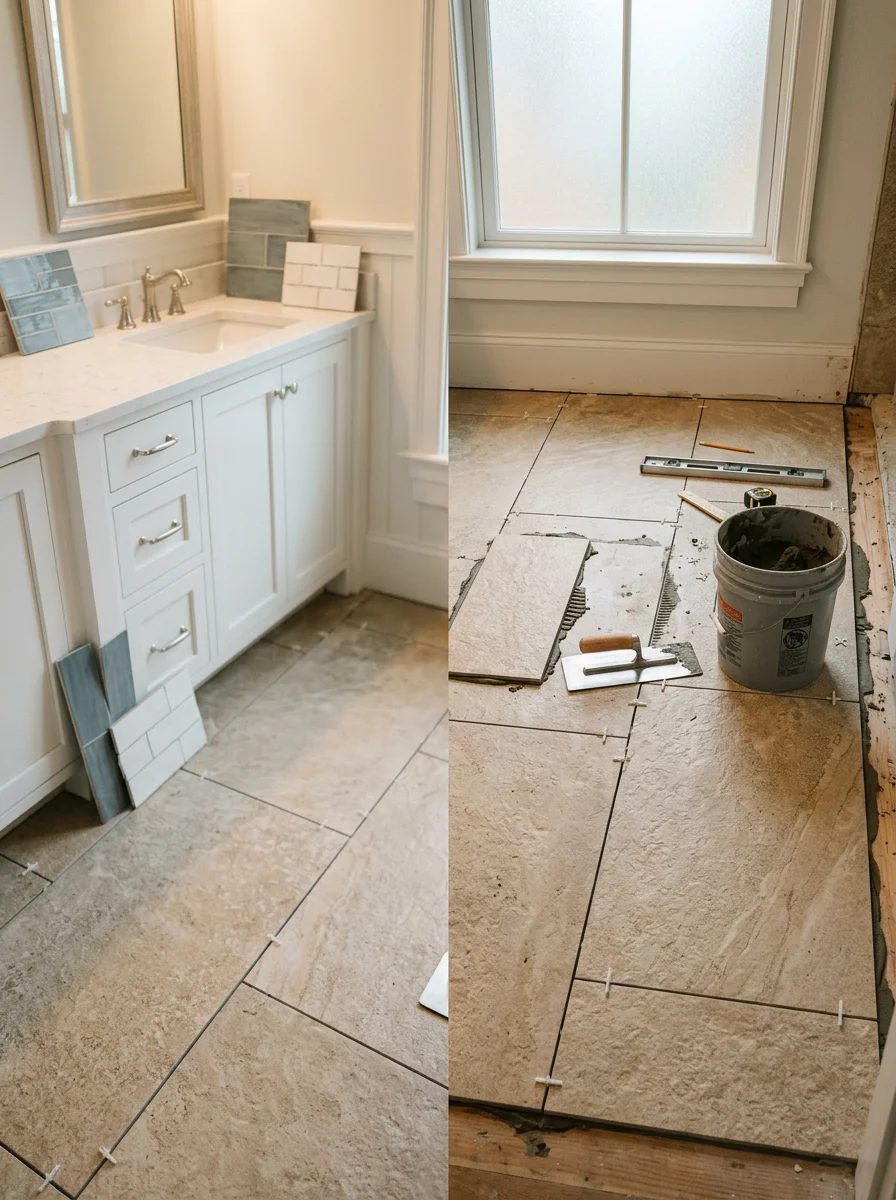 Large-format tile flooring being installed in a Kiawah Island vacation home bathroom, with coastal light coming through a window above the vanity area.