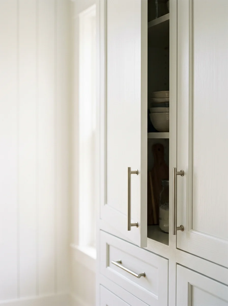 Newly painted white kitchen cabinets with brushed hardware inside a Mount Pleasant home with an open-plan layout.
