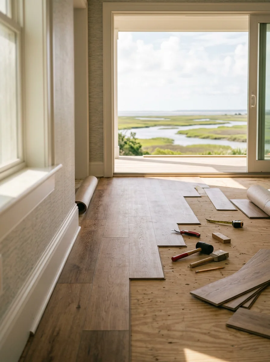 LVP flooring installation in progress inside a Seabrook Island vacation home living room, showing planks being laid near a sliding glass door with coastal light coming through.