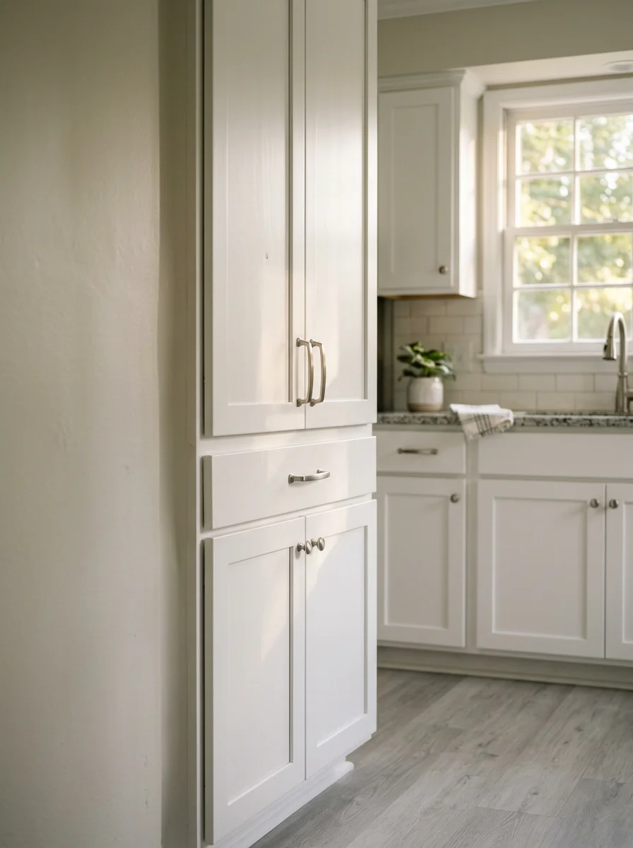 Newly painted white kitchen cabinets inside a West Ashley ranch home with updated hardware and LVP flooring visible in the foreground.