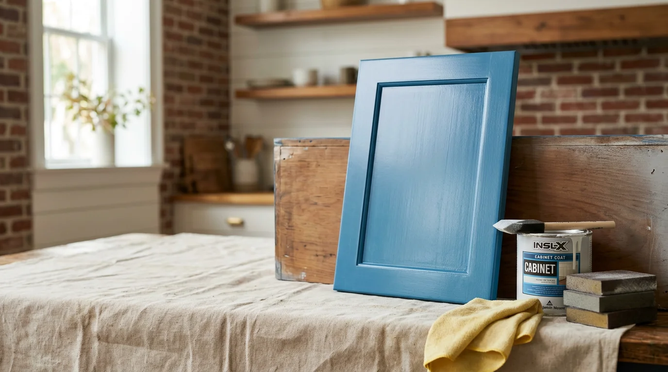 Freshly painted kitchen cabinets in a Charleston, SC home showing a smooth, even finish in a soft coastal color with updated hardware. Close detail of cabinet door edges and frame reveals clean paint lines and no brush marks.