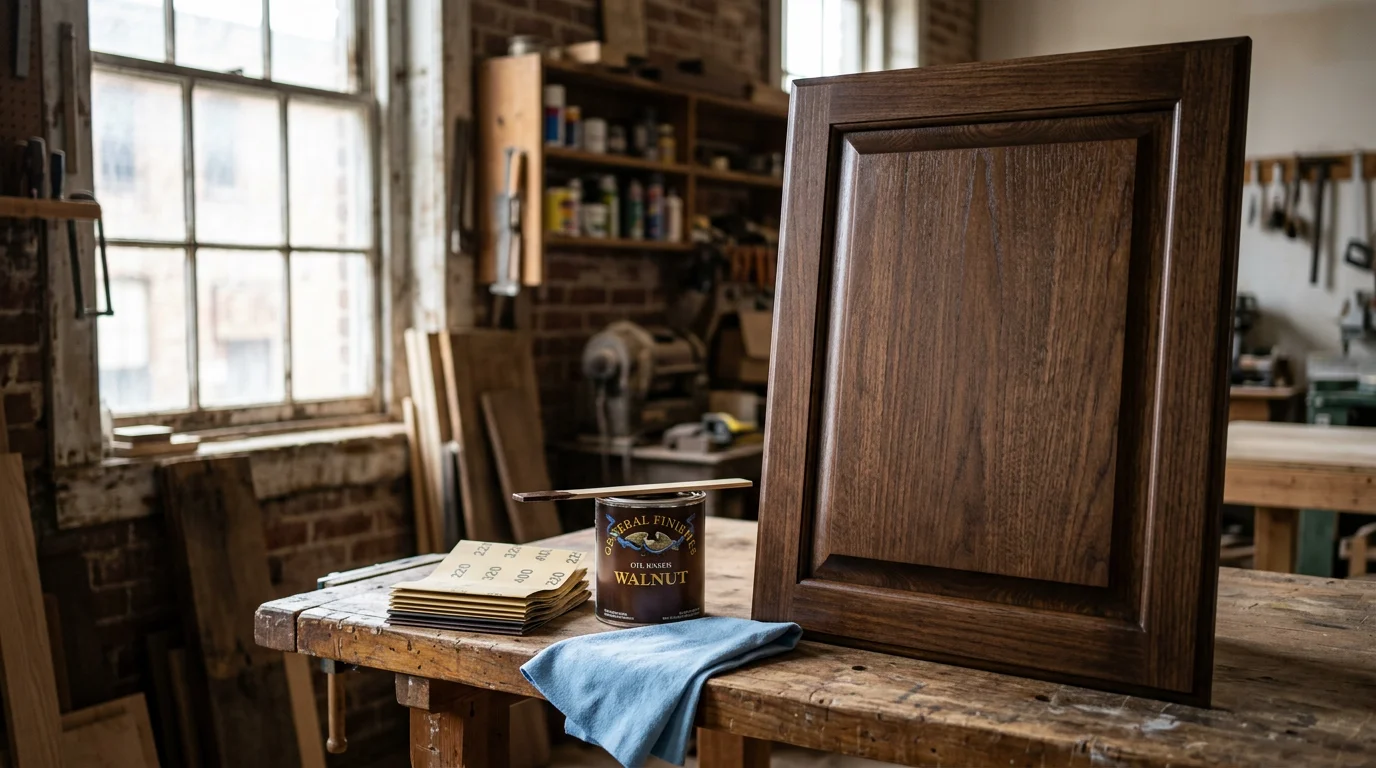 Freshly refinished wood kitchen cabinets in a Charleston, SC home, showing smooth, even finish on cabinet doors and frames after surface preparation and new stain application.