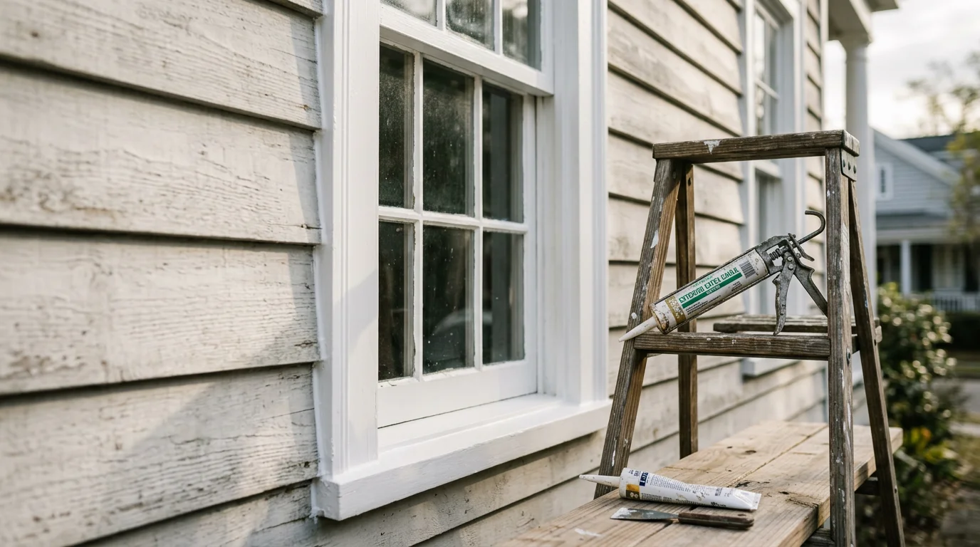 A contractor applying fresh exterior caulk along the window trim of a Charleston, SC home, with the old cracked sealant removed and the surface cleaned and ready for a new waterproof seal.