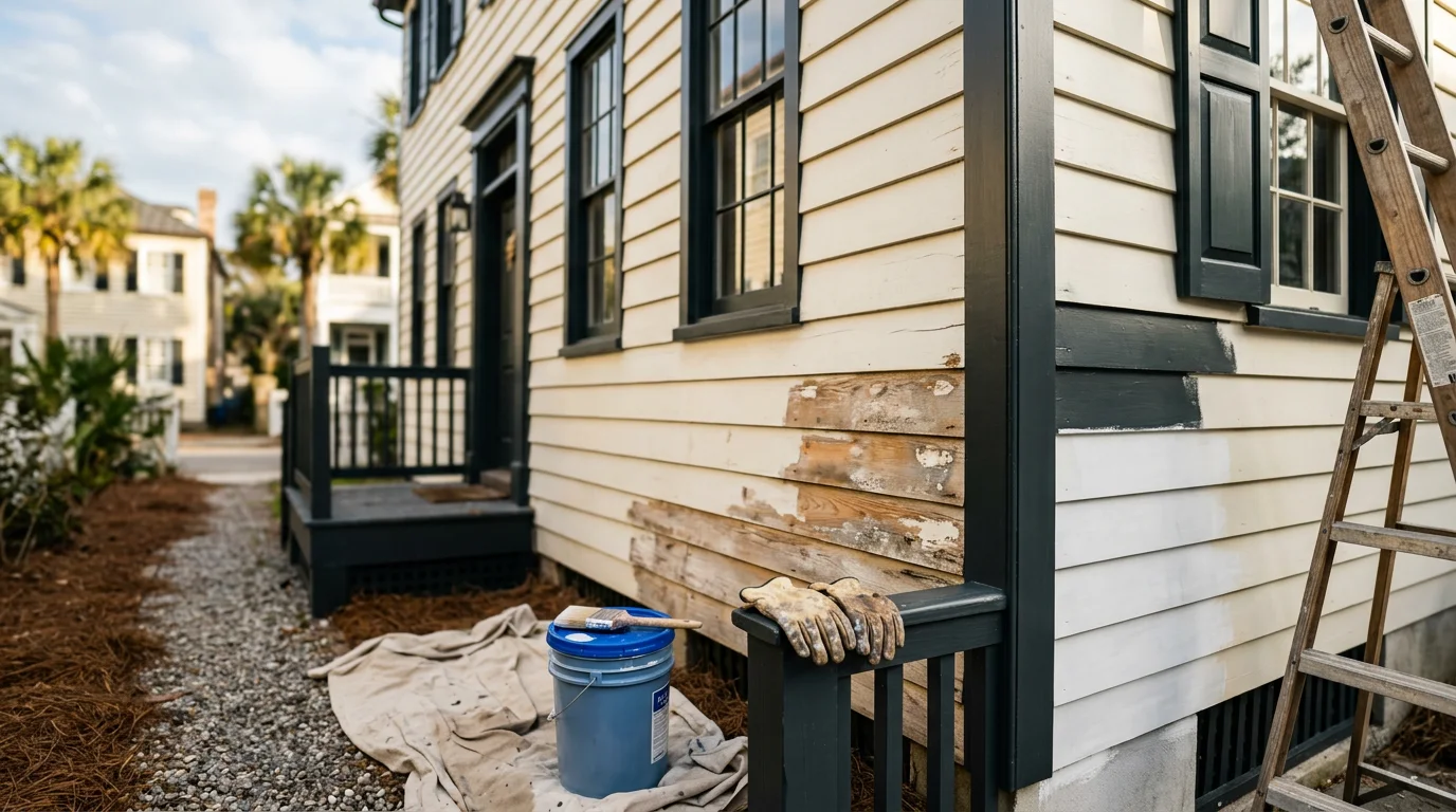 Freshly painted exterior of a Lowcountry home in Charleston, SC, showing clean siding, painted trim, and a covered porch. The finished surface reflects careful prep work suited to the area's coastal climate.