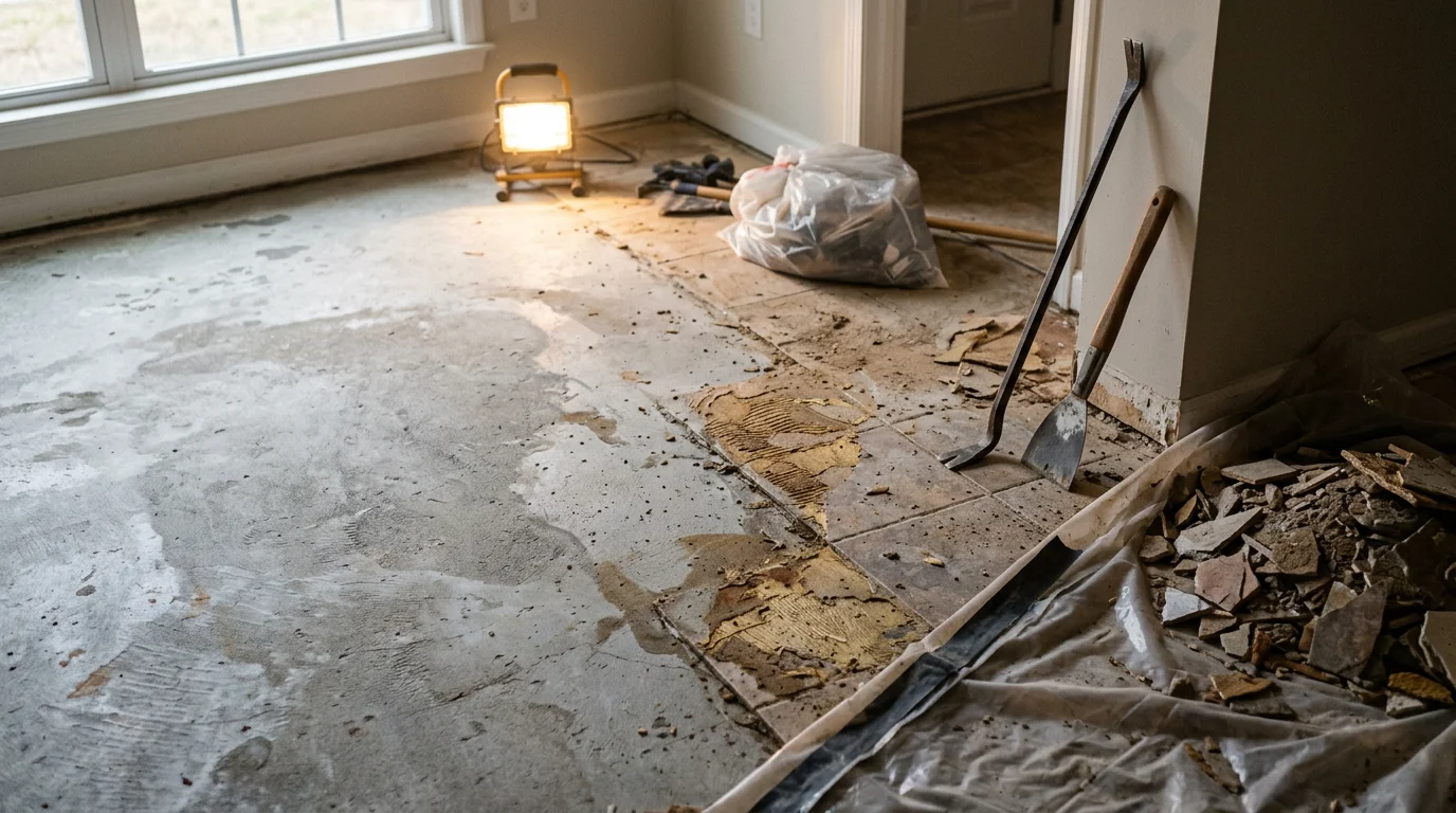 A contractor removing old ceramic tile flooring in a Charleston, SC home, with debris cleared to the side and the concrete subfloor exposed and ready for inspection.