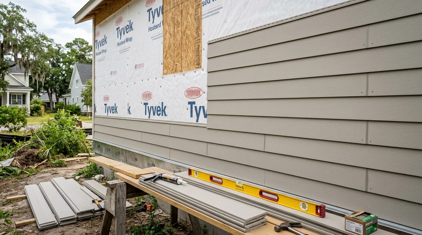 Freshly installed HardiePlank lap siding on a single-family home in Charleston, SC, showing clean horizontal lines, sealed corner trim, and a factory-finished ColorPlus color. The coastal Lowcountry setting is visible in the background.