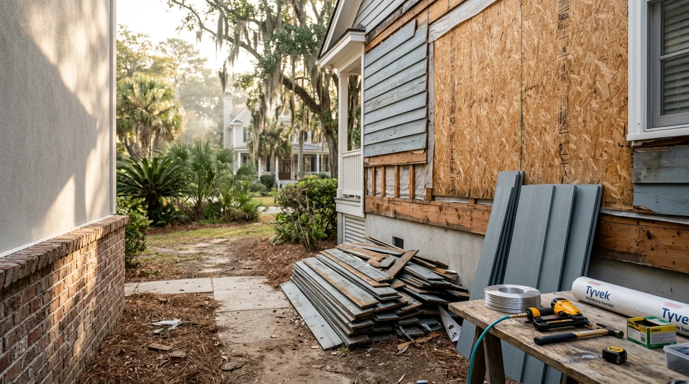 Freshly installed Hardie Plank lap siding on a two-story home in Charleston, SC, showing clean panel lines, white HardieTrim at the corners, and a new moisture barrier visible at the partially completed wall section.