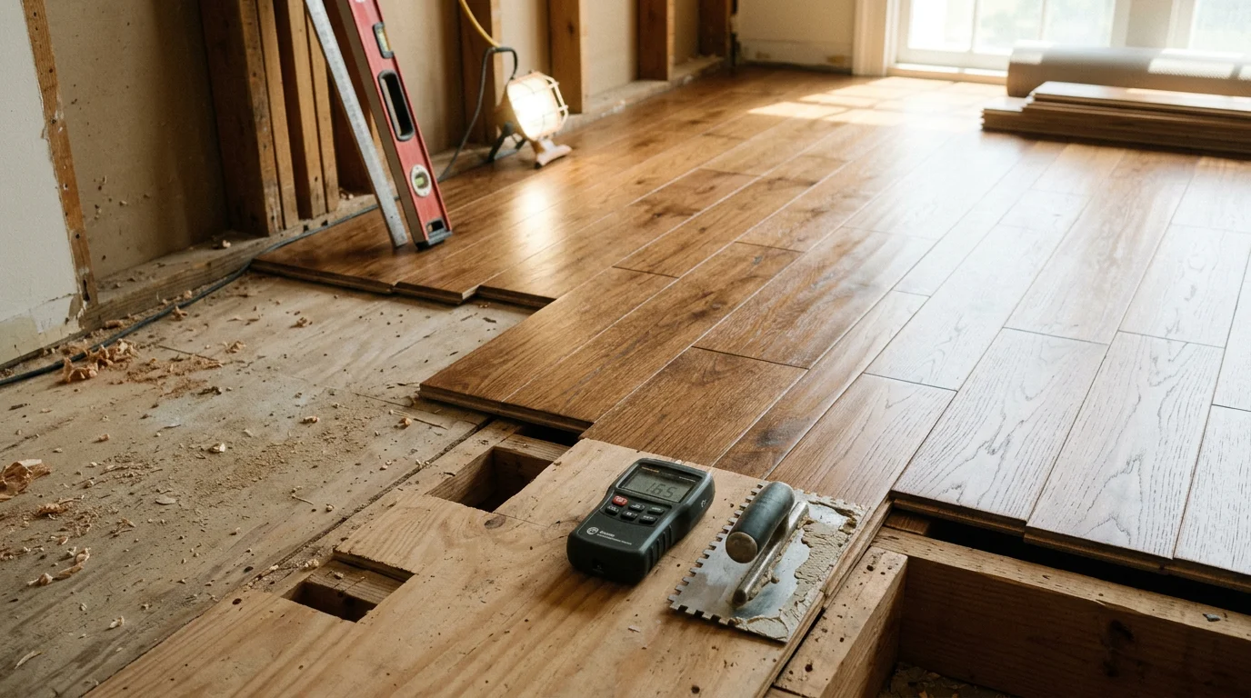 Newly installed engineered hardwood flooring in a Charleston, SC living room with warm natural wood tones and clean plank lines. Target Construction Group hardwood flooring installation project serving the Lowcountry area.