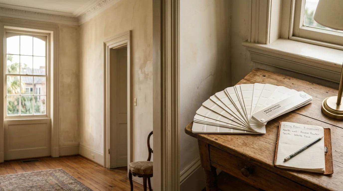 A Charleston, SC interior room with freshly painted walls in a warm coastal neutral, showing crisp white trim and natural light from a window. A paint consultation color plan rests on a side table nearby.