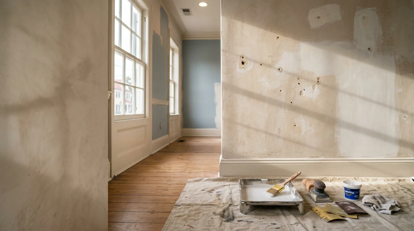Freshly painted living room interior in a Charleston, SC home showing smooth eggshell walls, clean trim lines, and warm coastal light. Interior painting completed by Target Construction Group LLC serving the Lowcountry.