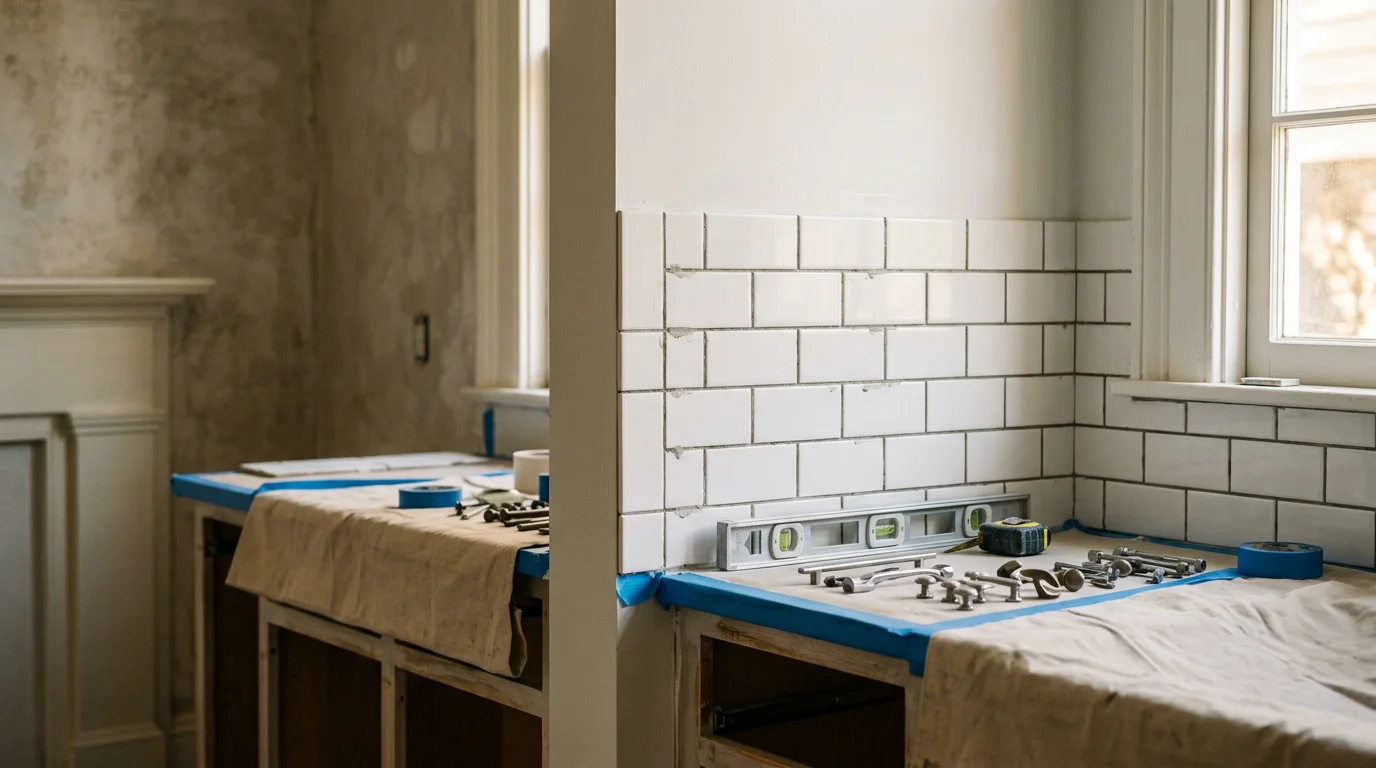 Remodeled kitchen in a Charleston, SC home featuring updated cabinetry, new countertops, and tile work completed by Target Construction Group LLC. The finished space shows a clean, functional layout suited to Lowcountry residential construction.