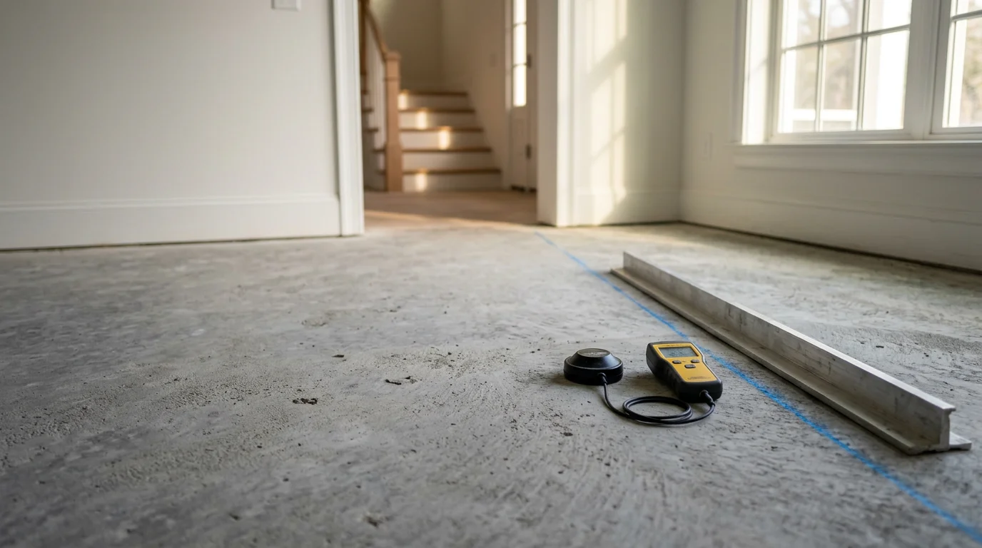 Freshly installed luxury vinyl plank flooring in a Charleston, SC home, showing a wood-look finish running through an open living area with natural light from coastal-style windows. Close view of tight plank seams and clean transitions at a doorway threshold.