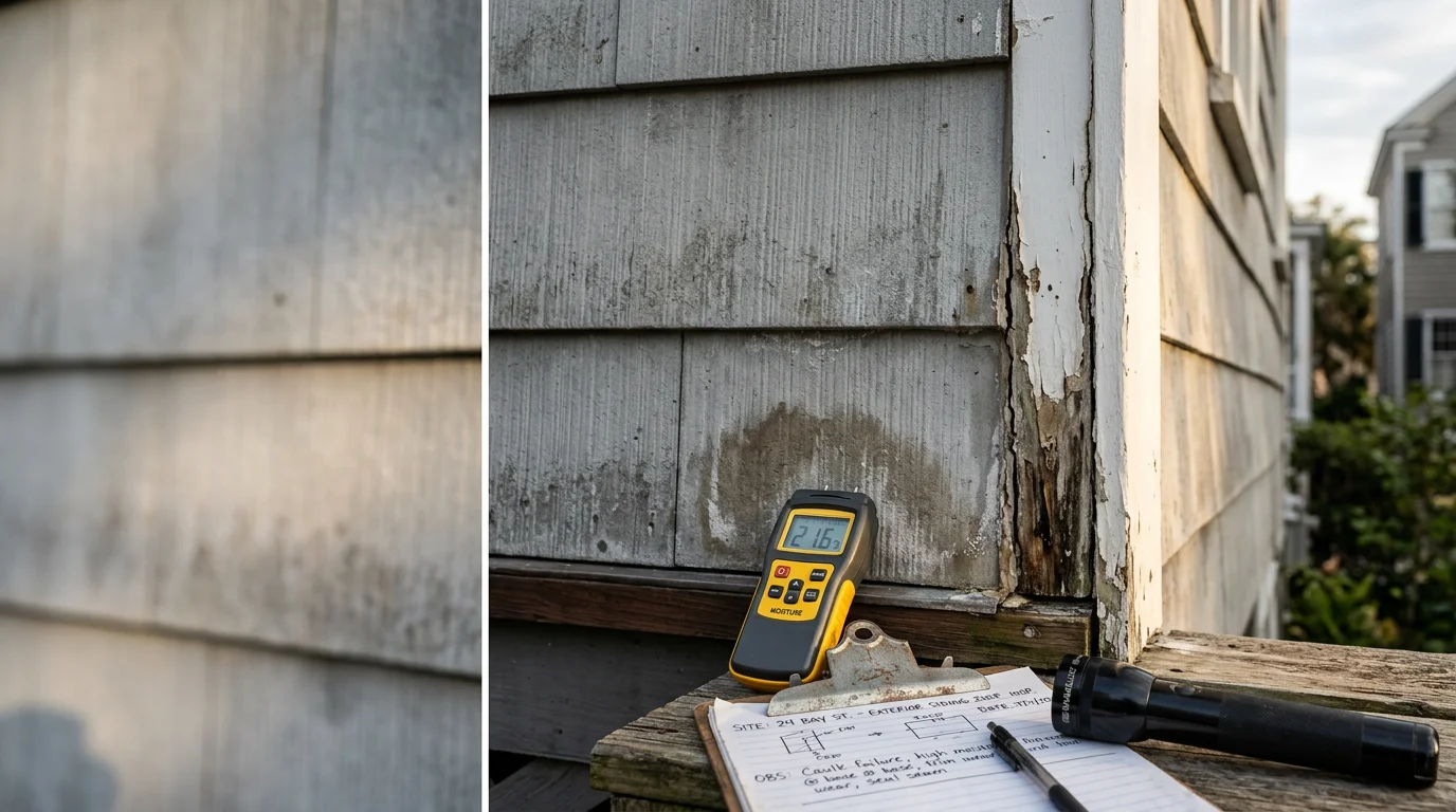 A siding contractor inspecting the exterior panels of a coastal Charleston home, checking seams and trim for moisture damage and storm wear. Close-up view of a professional examining siding along a window transition on a residential property in the Charleston, SC area.