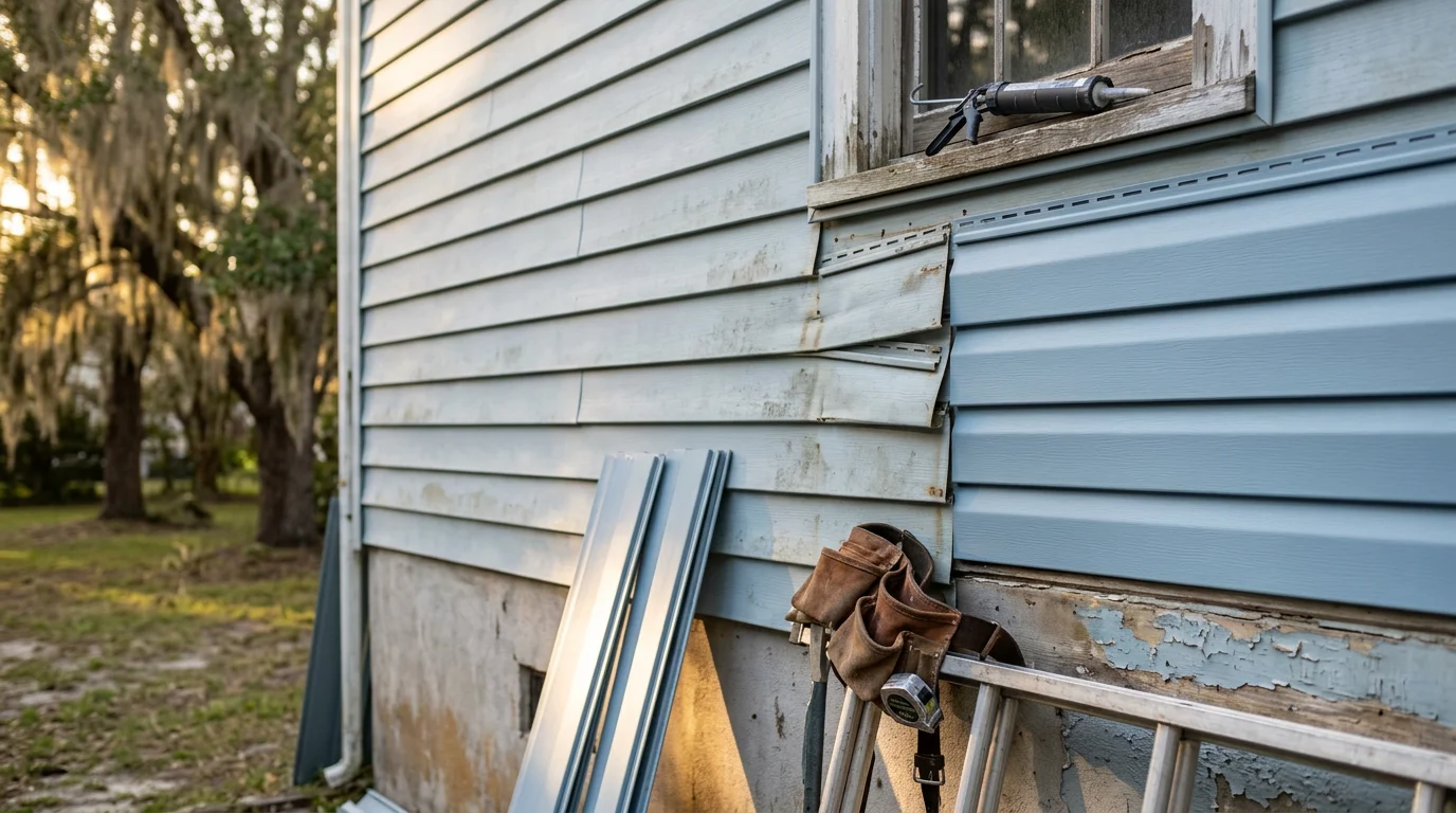 Close-up of repaired fiber cement siding panels on a Charleston, SC home exterior, showing matched panel seams and restored wall surface after storm damage. The surrounding Lowcountry coastal neighborhood is visible in the background.