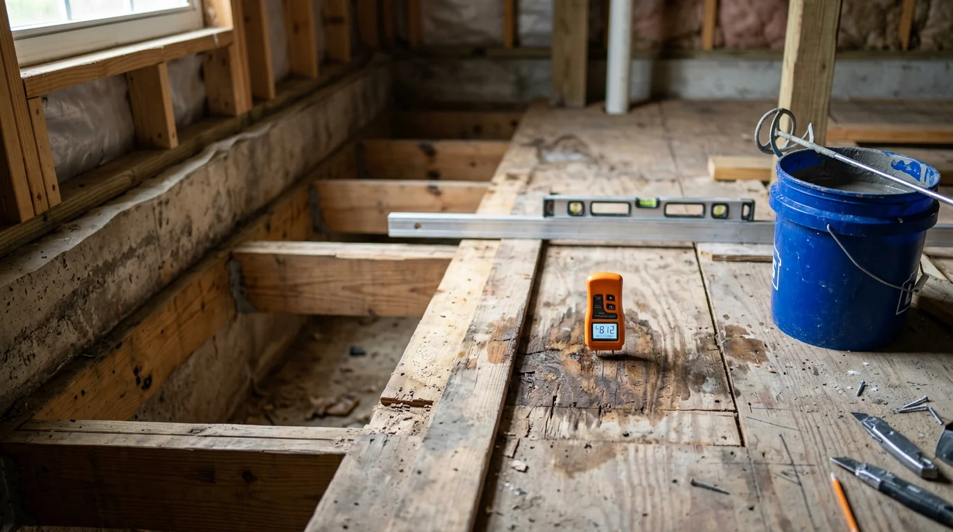 A flooring contractor using a moisture meter on a wood subfloor inside a Charleston, SC home before new flooring installation. The subfloor panels are exposed and a self-leveling compound has been applied to an uneven section near the wall.
