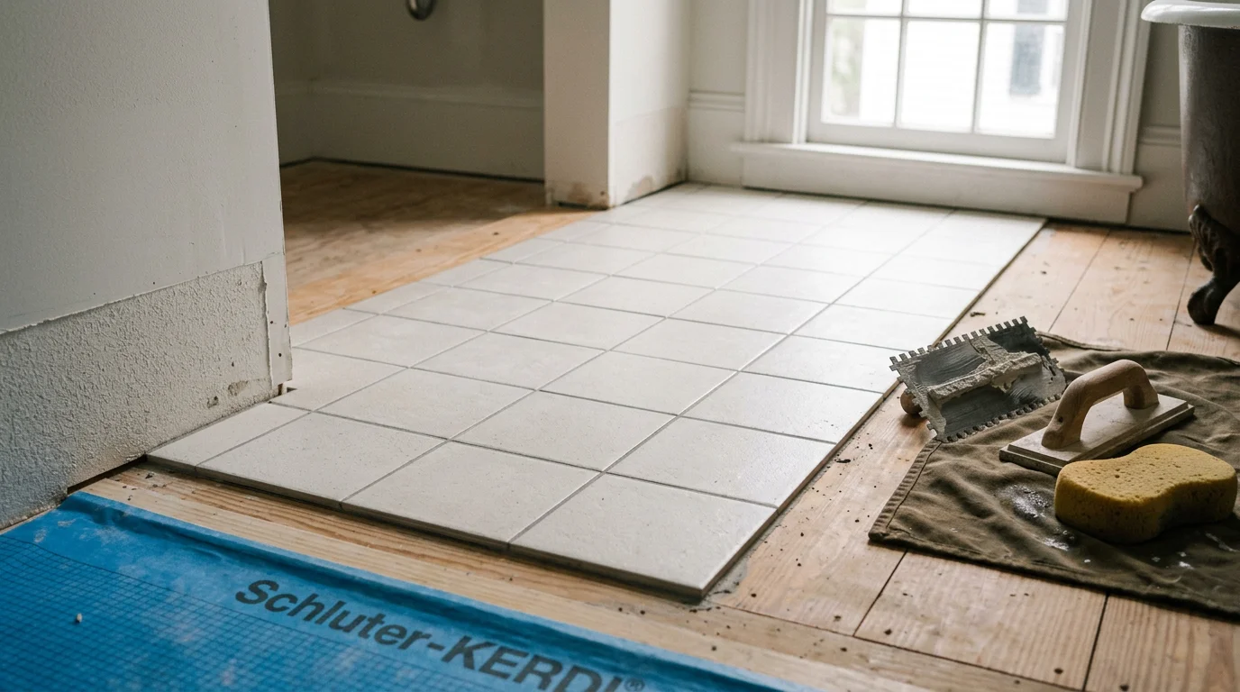 Freshly installed porcelain tile flooring in a Charleston, SC bathroom, showing clean grout lines and a straight-grid layout. The finished floor reflects natural light from a window, with tile running evenly to the base of a white vanity.